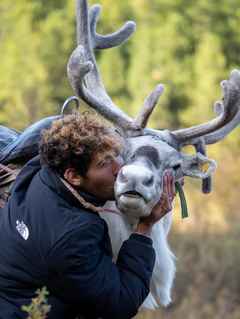 Traveler with reindeer in Mongolia